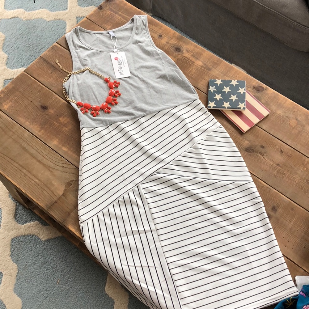 Adorable Fitted Grey and White Stripe Dress
